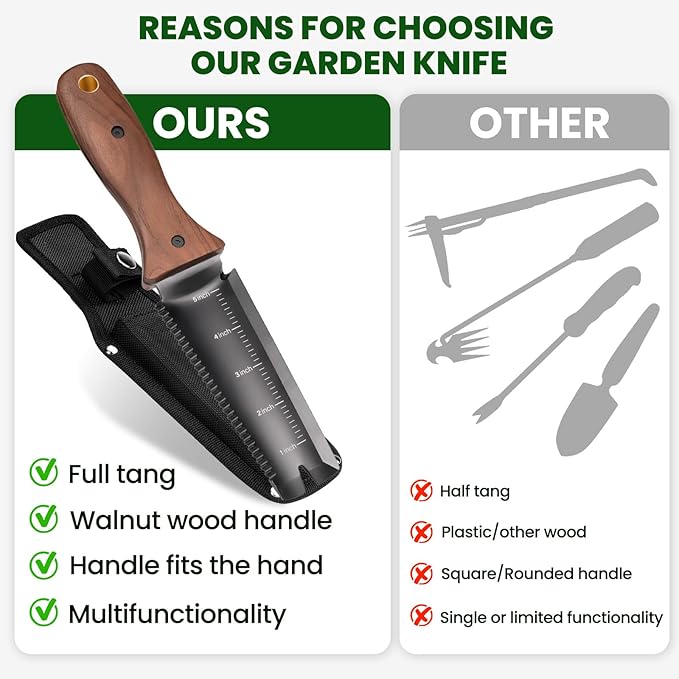 Hori Hori Garden Knife, Garden Tools with Sheath, 6" Stainless Steel Blade with Cutting Edge, Full-Tang Walnut Ergonomic Wood Handle with Hanging Hole, Weeding, Planting, Digging…