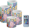 Flameless LED Candles Electric Candles with Remote Timer Control Long Lasting Pillar Candles Tealights Bohemian Style Home Outdoor Decoration Pack of 4, Boho Flower Purple Blue
