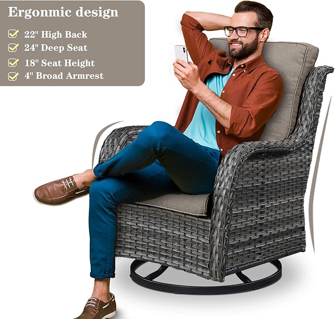 5 Pieces Patio Wicker Furniture Set - 4 Outdoor Swivel Rocker Glider Chairs with Propane Fire Pit Table, Patio Conversation Set Grey Cushion Perfect for Casual Gathering