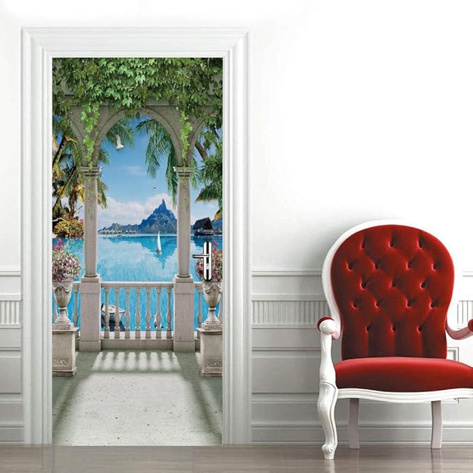 3D Door Stickers Murals - Landscape - Peel and Stick - Waterproof & Washable - Matt Finish - Modern Style - White - 37.4" x 82.7" - 2 Pieces