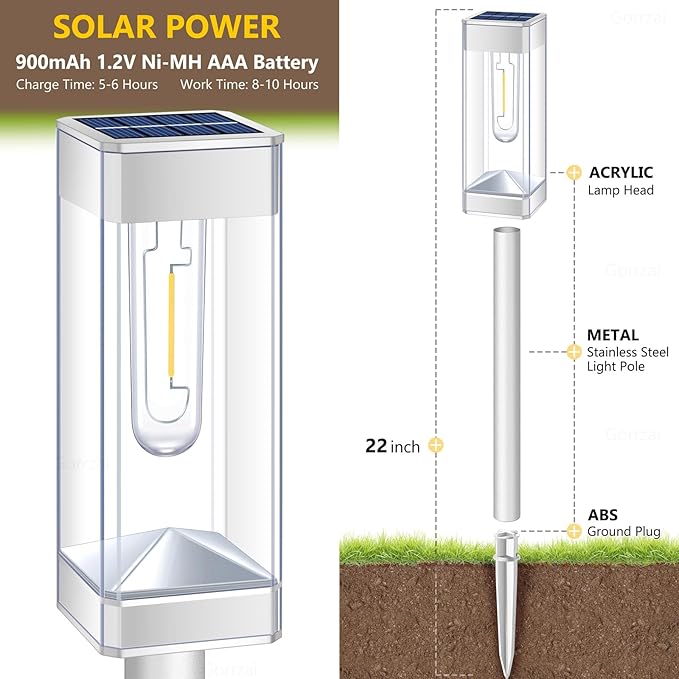 Solar Pathway Lights 8 Pack Solar Outdoor Lights with LED Tungsten Filament Bulb Waterproof Stainless Steel Garden Lighting for Outside Driveway Landscape Lawn Path Christmas (White)