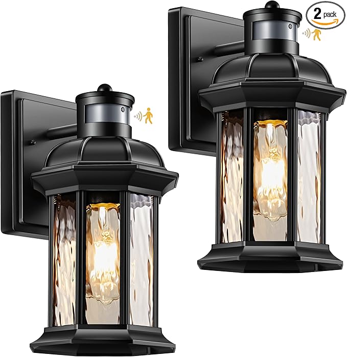VIANIS Motion Sensor Outdoor Wall Lights, 2-Pack Black Outdoor Light Fixture, Exterior Lights for House, Front Porch Light Lantern Wall Mount Sconce Lighting, Dusk to Dawn Outside Lights for Patio