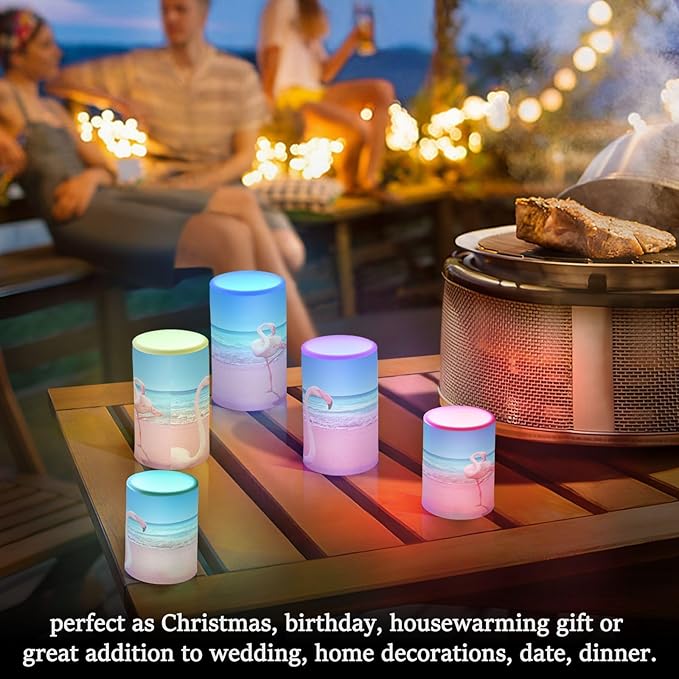 Flickering Flameless Candles, Pink Flamingo on Beach LED Candles with Remote Timer, Set of 2 Battery Operated Candle for Valentine Wedding Birthday