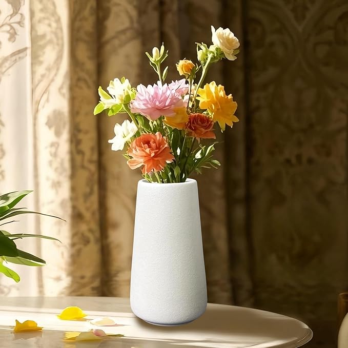 Simple Vase for Flowers Plants, Matte Vases for Modern Table Shelf Home Decor Wedding Boho Decor, 6" H Frosted Elegant Ceramic Vase for Pampas Grass Fluffy Stem Bouquet Lavender Flowers (White, 4)