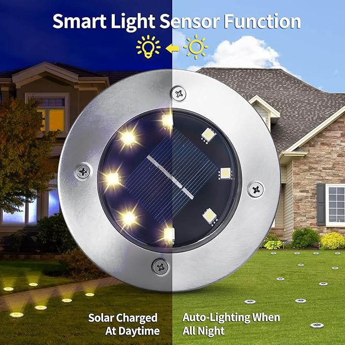 Aogist Solar Ground Lights 12 Packs, 8 LED Solar Garden Lights, Waterproof Outdoor Solar Disk Lights, In-ground Outdoor Landscape Lights for Pathway Yard Walkway Patio Lawn Path (Warm White)