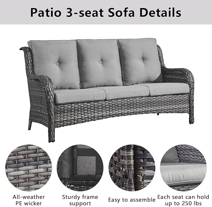 Wicker Patio Furniture Sets - 8 Piece Outdoor Rattan Furniture Conversation Sets with 4 Swivel Rocker Chairs, Rattan Sofa, Wicker Ottomans and Coffee Table, Mixed Grey/Grey