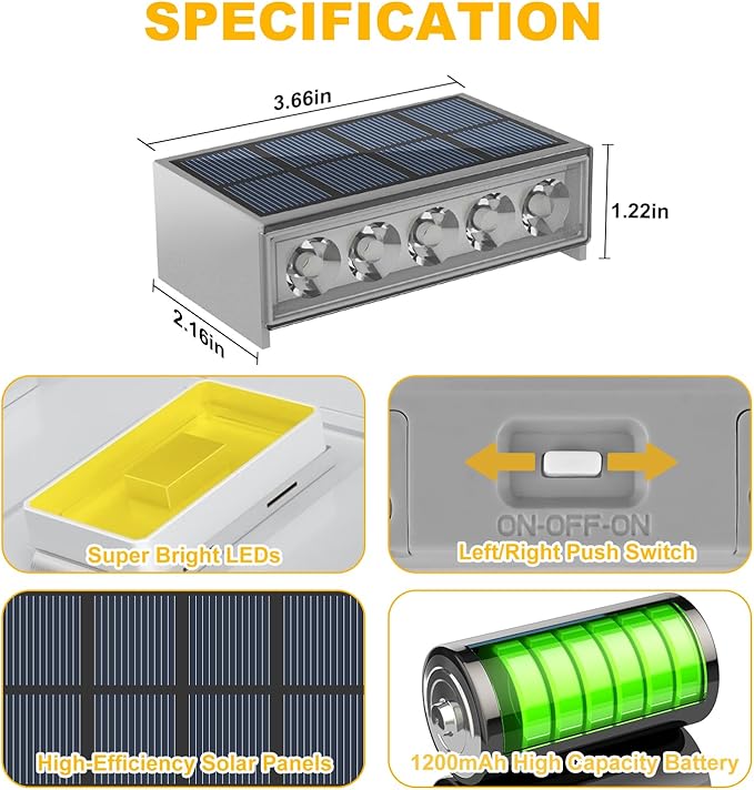T-SUN Solar Step Light Outdoor, 6 Pack Solar Stair Lights, 6000K Step Lights Outdoor Solar Powered Waterproof LED Outdoor Solar Lights for Steps Deck Court Garden Balcony Patio Stair Porch