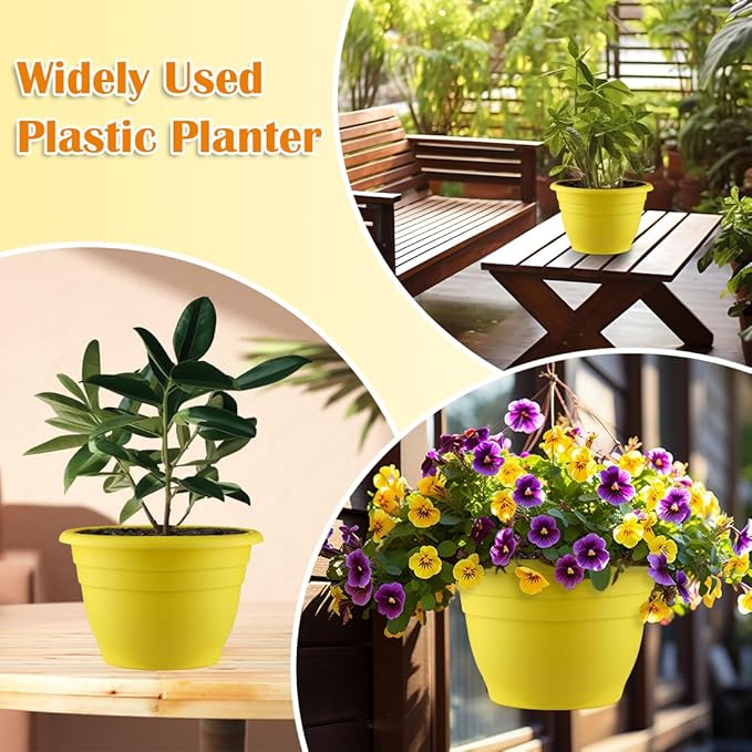Plant Pots Set of 3, 11 Inch Round Flower Pots, Thickened Plant Planters with Drainage Holes, Garden Pots for Indoor Outdoor, （3 Pack, Yellow