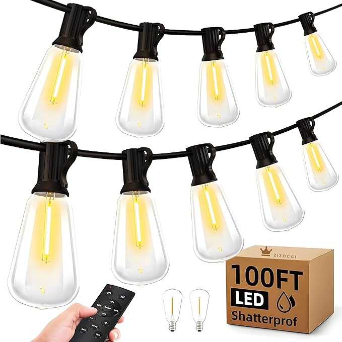 String Lights for Outside 100Ft 30M - Patio Lights Outdoor Lighting Waterproof Lights, Remote Dimmable ST38 Shatterproof Wedding Decorations, Birthday, Chrismas, Haloween, Balcony, Garden Party