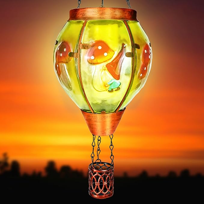 2 Pack Solar Hot Air Balloon Lantern with Flame，Mushroom Gnome Glass Solar Hanging Lanterns Outdoor for Outside Garden Patio Tree Porch Yard, Mushroom Gifts for Women Grandma Mom - Mushroom