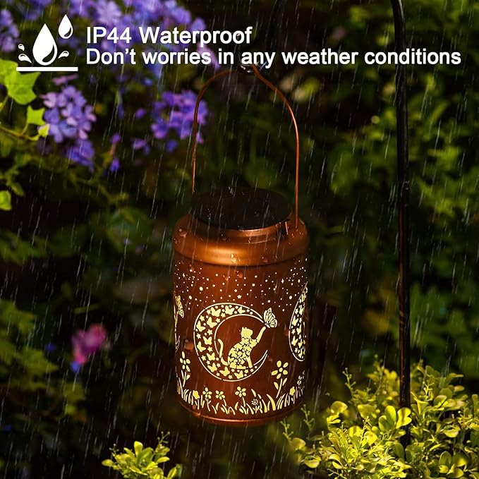 Solar Lanterns Outdoor Waterproof - 2 Pack Cat Garden Decor Birthday Gifts for Women Mom Grandma Hanging Solar Lights Metal Solar Lantern for Outside, Patio, Outdoor, Yard, Backyard, Porch