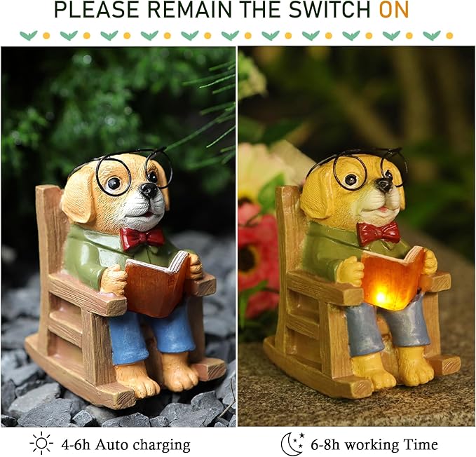 Solar Garden Decor Statues Dog Figurines Mini Fairy Garden Accessories Outdoor Lights,Garden Art Patio Porch Balcony Yard Home Lawn Ornaments,Christmas Birthdays Gifts for Mom Grandma