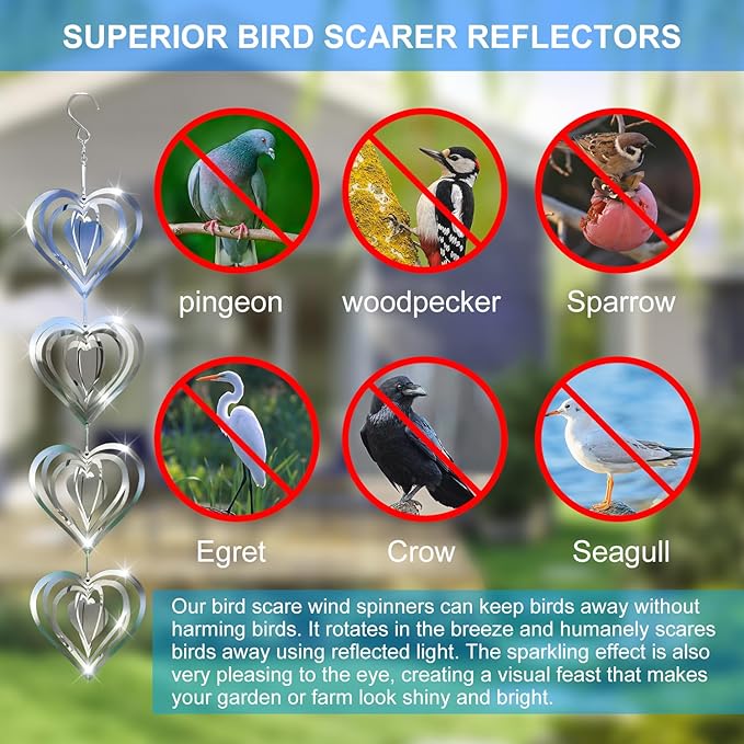 12 Metal Heart Bird Scarer Discs Set, Wind Spinners 3D Helix Reflector Stainless Steel Sparkly Outdoor Garden Decor, Scare Birds & Animals Away from Garden Yard Patio Lawn Farm Wind Sculpture Gifts