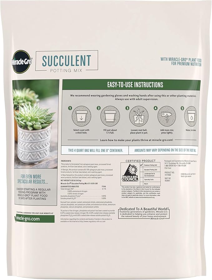 Miracle-Gro Succulent Potting Mix, for Indoor Succulents, Aloe Vera and More, Made with Miracle-Gro Plant Food, 4 qt. (3-Pack)