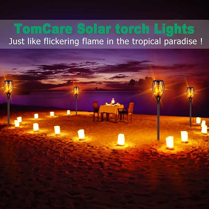 TomCare Solar Lights Upgraded, 43" Waterproof Flickering Flames 96 LED Torches Lights Outdoor Solar Landscape Decoration Lighting Dusk to Dawn Auto On/Off Pathway Lights for Garden Patio Driveway (4)