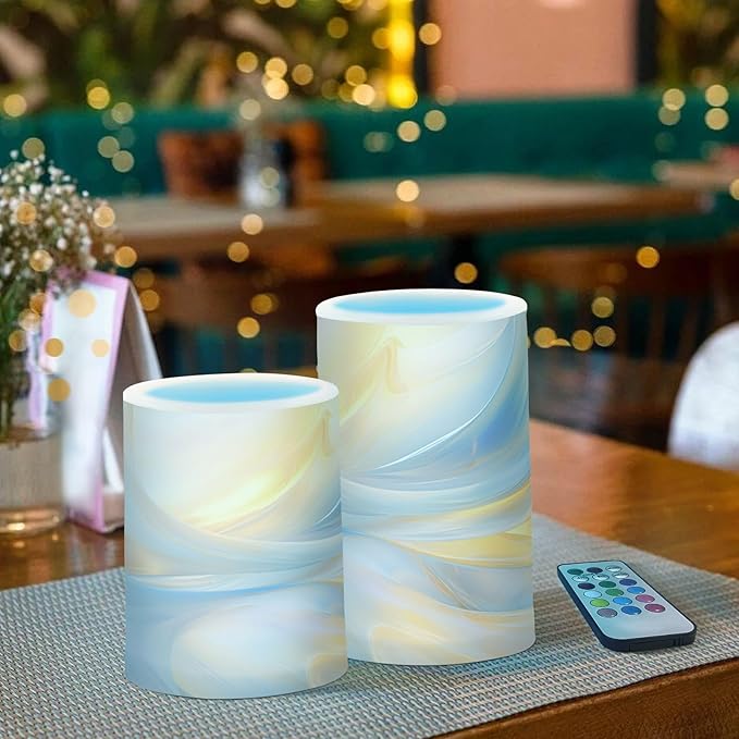 Flickering Flameless Candles, Blue Gold Marble LED Candles with Remote Timer, Set of 2 Battery Operated Candle for Valentine Wedding Birthday