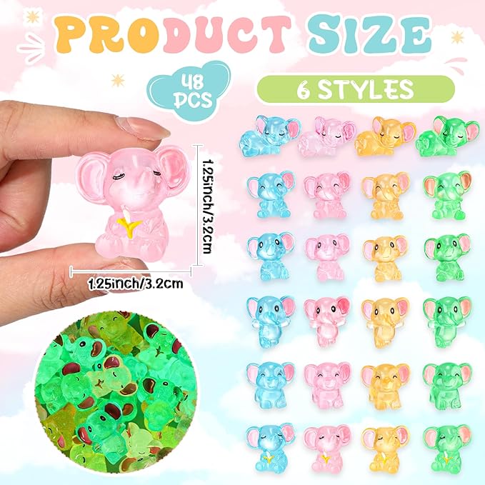 48 Pcs Mini Elephant Animals Luminous Resin Small Animal Figurines Bulk Glow in The Dark Garden Accessories Moss Landscape DIY Terrarium Ornament for Garden Dollhouse Decoration