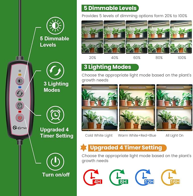 Wolezek Grow Lights for Indoor Plants, 210 LEDs Full Spectrum Plant Grow Light Strips with Upgared 4/8/12/16H Auto Timer, 13.8 Inches Bright Grow Lamp Bar for Plant Shelves and Cabinet, 2 Pack