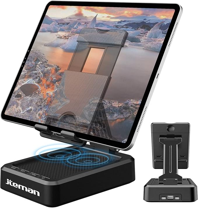 JTEMAN Tablet Stand Adjustable with Bluetooth Speakers,Kitchen Gadgets,Gifts for Women Men,Wireless Bluetooth Speaker Tablet Holder,Desk Mic Charging Sation Compatible with Phones and Tablet