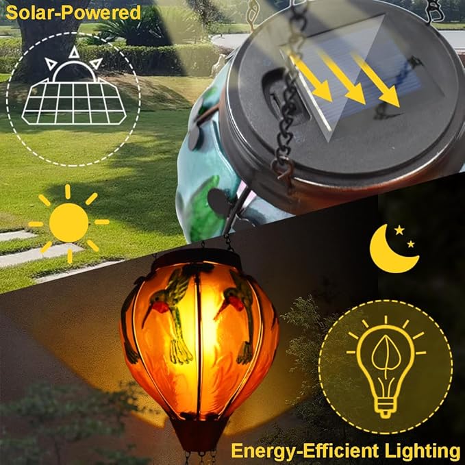 Hot Air Balloon Solar Lantern with Flickering Flame Hanging Solar Lanterns Outdoor Lights Waterproof Lanterns Decorative Garden Patio Yard Party Decor Hummingbirds&Pink Flowers