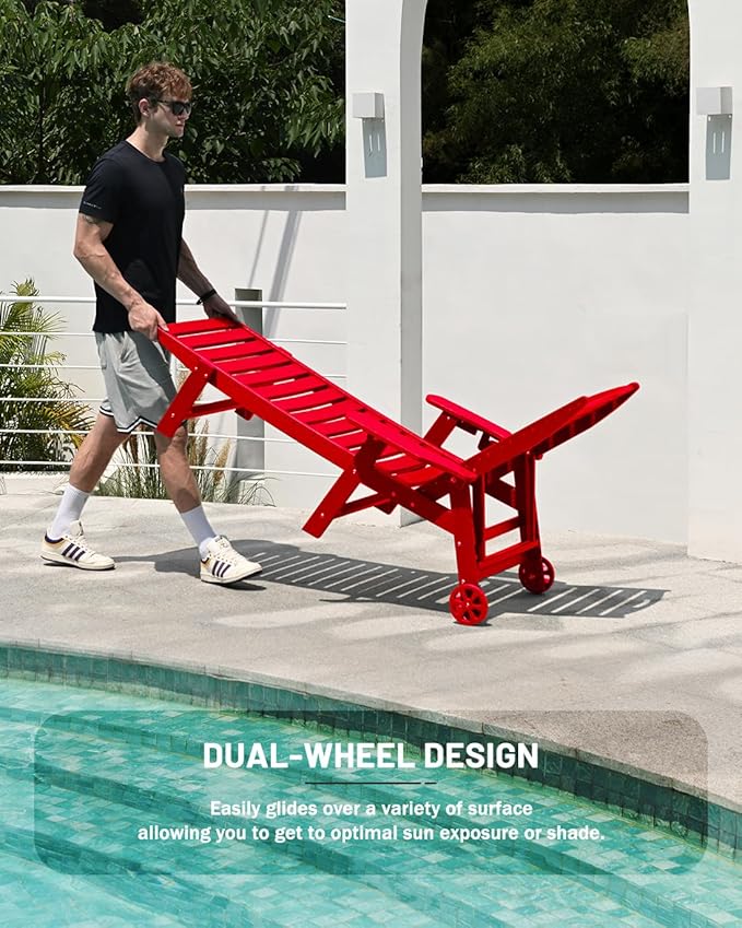 Chaise Lounge Chair Outdoor with Wheels, 6-Position Adjustable HDPE Chaise Lounge Chair with Cup Holder, Outdoor Chair for Pool Poolside Deck Backyard Patio, Red