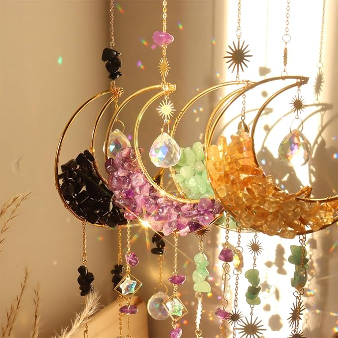 Crystal Suncatcher Hanging Moon Sun Light Catcher with Glass Prisms for Window Natural Green Quartz Decor Home Indoor Making Rainbows