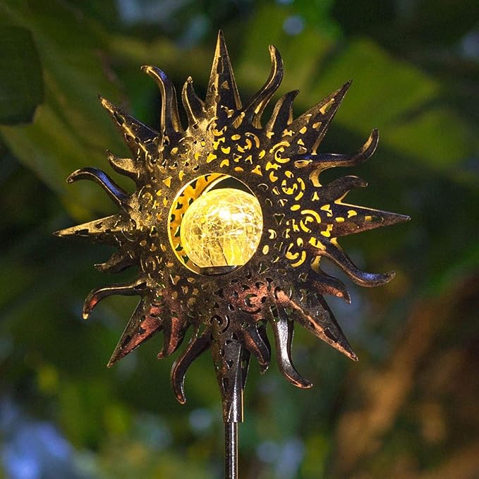 HOMEIMPRO Large Sun Solar Garden Decor Lights Outdoor Garden Gifts Mom Dad, Crackle Glass Metal Stake,Yard Decorations, Waterproof LED Lights for Lawn Patio Ornaments, Mothers Day Gifts for Women