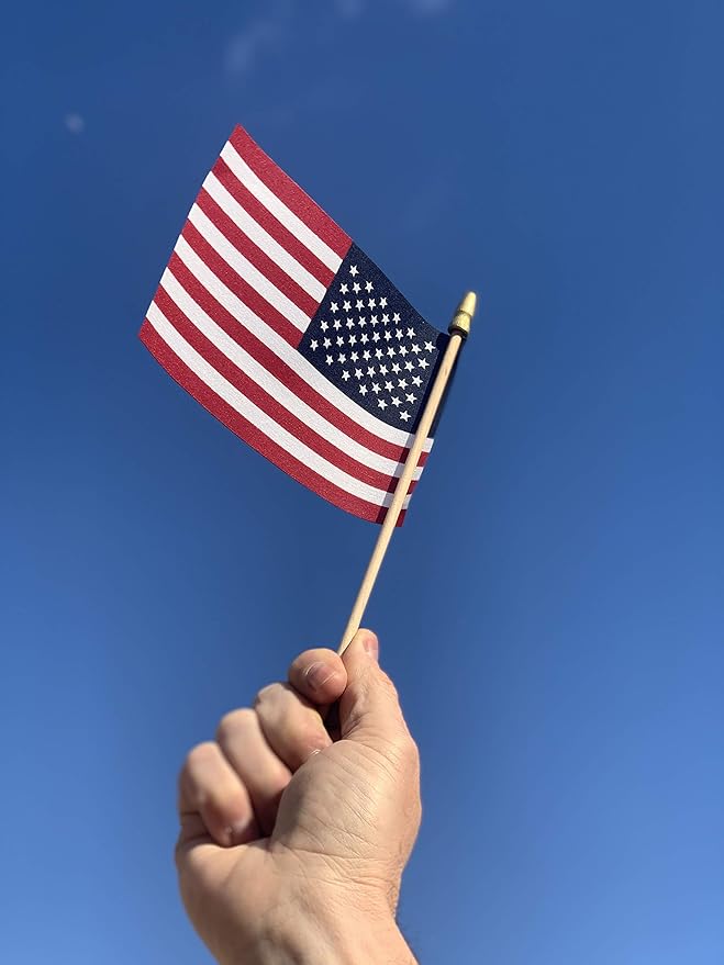 American Flags on Stick - Handheld Spearhead US Flag for 4th of July, Memorial Day Event Decorations - Patriotic Decor for Indoors & Yard - Wooden Stick, Cotton Fabric (4"X6" - 12 Pack)