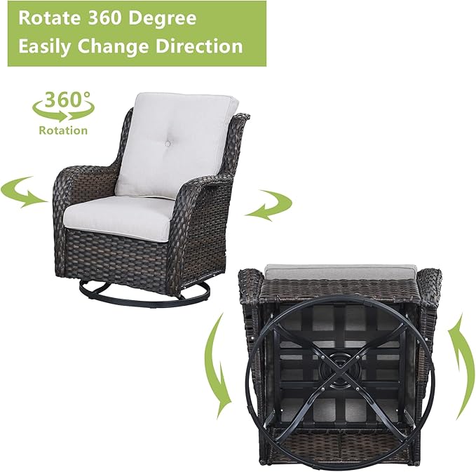 Outdoor Wicker Patio Furniture Set - 6 Piece Rattan Patio Conversation Set with 2 Rocking Swivel Chairs,2 Ottomans,1 Loveseat and 1 Side Table for Porch Deck Backyard Garden(Brown/Beige)