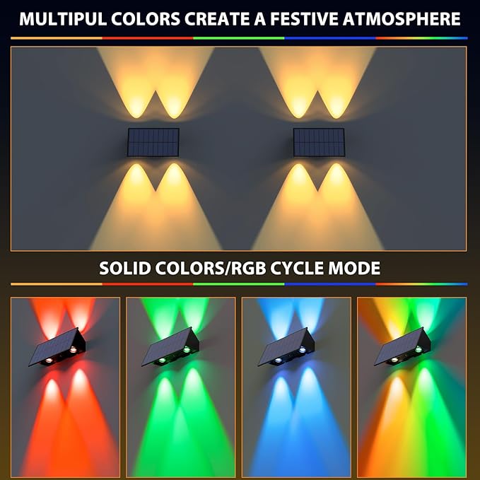 Solar Fence Lights,6Pack Solar Lights Outdoor Warm White + RGB Up & Down Waterproof 100 Lumens Dusk to Dawn for Wall/Backyard/Pool/Railing/Patio/Porch/Step