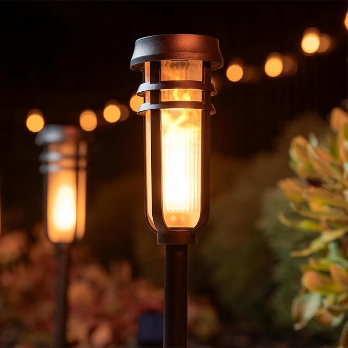 Metal Solar Torch - Adjustable Height (24" - 50"), Outdoor Lights with Flickering Flame, Waterproof Solar Powered Lights, Flame Torches for Patio, Pathway, Yard Decor, Matte Black (1-Pack)