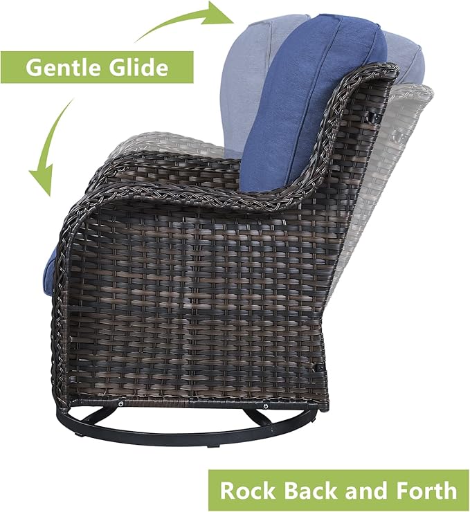 Outdoor Wicker Patio Furniture Set - 6 Piece Rattan Patio Conversation Set with 2 Rocking Swivel Chairs,2 Ottomans,1 Loveseat and 1 Side Table for Porch Deck Backyard Garden(Brown/Blue)
