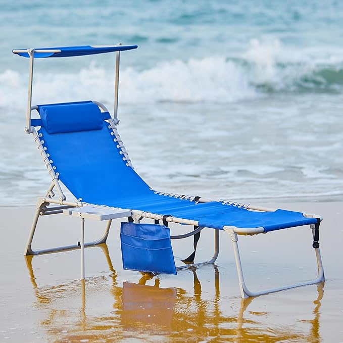 #WEJOY 4 in 1 Tanning Chair with Face Hole & Canopy & Side Table, 5 Positions Adjustable Folding Quick Dry Facedown Chaise Lounge with Pillow for Beach Poolside Outdoor Camping Patio (Darkblue)