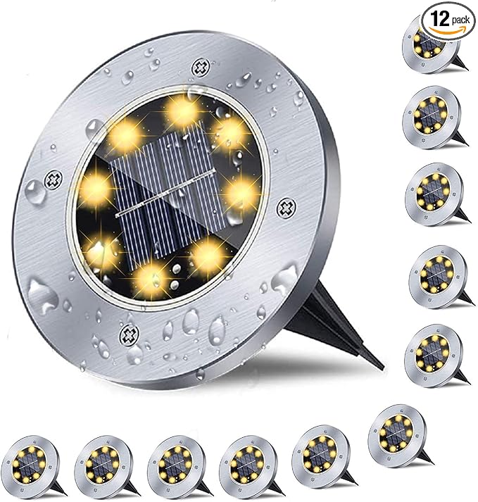 Solar Ground Lights, Waterproof Solar Garden Lights, Upgraded Outdoor Garden Waterproof Bright in-Ground Lights, Landscape Lights for Pathway,Yard,Deck,Lawn,Patio,Walkway (12 Pack Warm Light