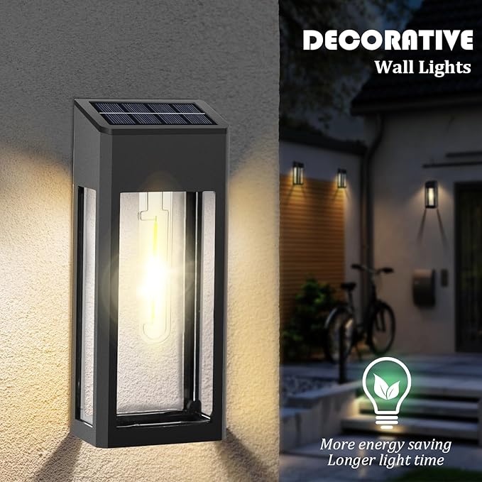 GOODFOEVER Solar Outdoor Lights Waterproof, 4 Pack Fence Lights Solar Powered with LED Bulbs, Metal Wall Lights for Garden Porch Patio Yard and Garage, Aluminum and Glass Shade (Wall Light 4 Pack)
