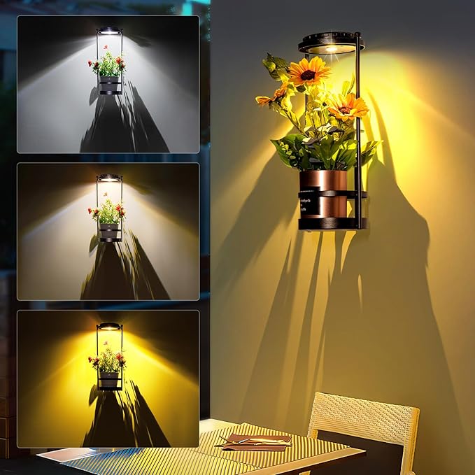 Solar Yard Wall Light with Plant Stands, Wireless Outdoor Solar Wall Lamp with 2 Modes & IP45 Waterproof Dusk to Dawn LED Outdoor Solar Lights for Garden Patio Yard Decoration (2Pack)