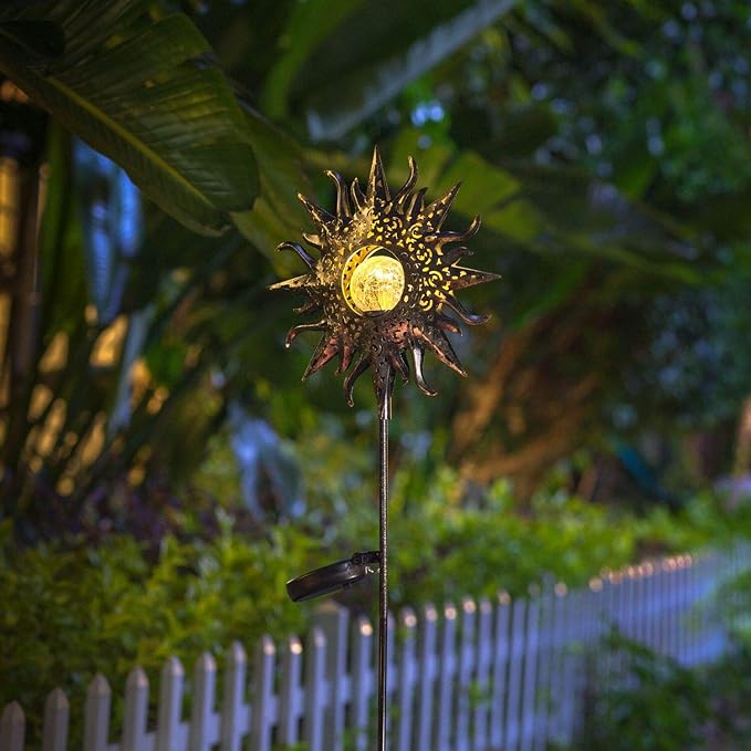 HOMEIMPRO Large Sun Solar Garden Decor Lights Outdoor Garden Gifts Mom Dad, Crackle Glass Metal Stake,Yard Decorations, Waterproof LED Lights for Lawn Patio Ornaments, Mothers Day Gifts for Women