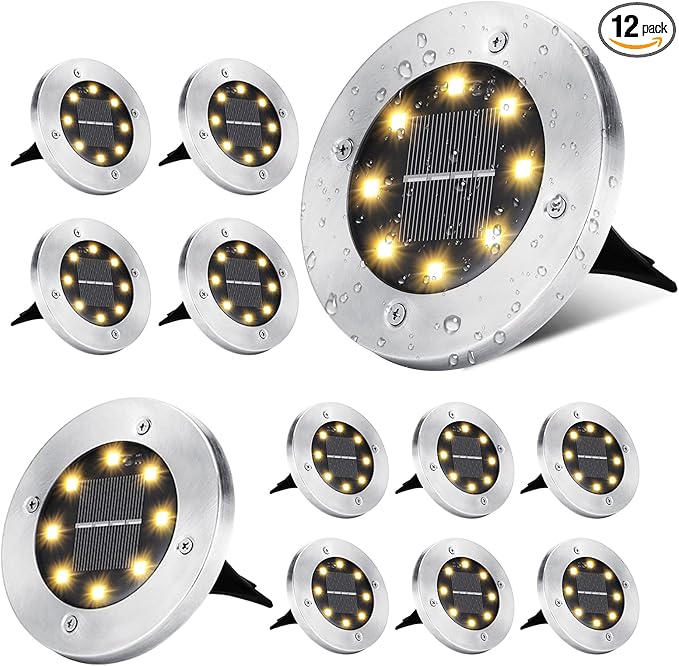 ODEETRONIC Solar Ground Lights Outdoor, 12 Packs 8 LED Solar Path Lights, Solar-Powered Disk Light Waterproof, In-ground Puck Light Flat Pathway Lamp for Landscape Pathway Patio Walkway, Warm White
