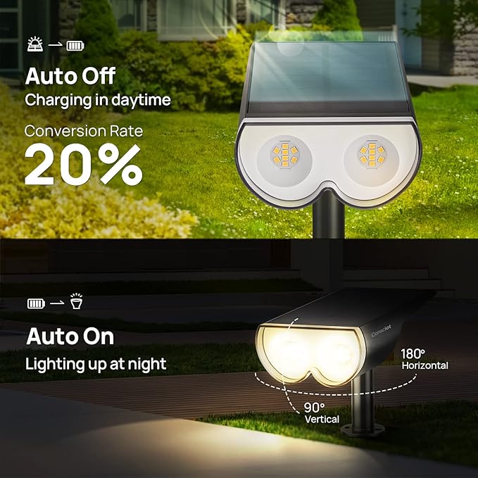 Solar Spot Lights Outdoor, Consciot 16 LEDs IP67 Waterproof Solar Outdoor Lights, Auto On/Off Solar Landscape Spotlights, 2-in-1 Adjustable Wall Lights for Garden Yard Pathway, 4 Pack (Warm White)