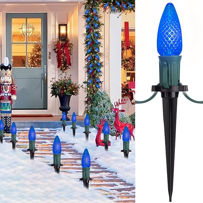 C9 Led Christmas String Lights, 20 Led 25.75 Feet Outdoor Waterproof Strawberry Lights with 20 Stakes, Extendable Green Wire String Lights for Indoor Outside Patio Wedding Party Decoration, Blue