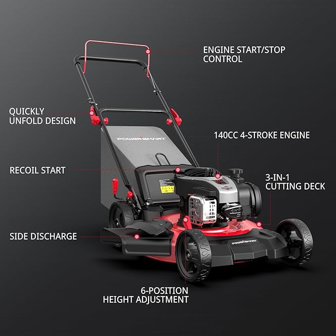 PowerSmart Gas Lawn Mower 21-inch with 140cc Briggs and Stratton E550 Engine, 3-in-1 Push Mower with Mulch, Bagger, Side-Discharge