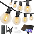 DAYBETTER 100FT Solar String Lights Outdoor Waterproof with Remote,50 LED Bulbs Dimmable&Timer,Patio Lights 3 Installation-Clips,Stakes&Nails for Outside Porch Garden Backyard Bistro