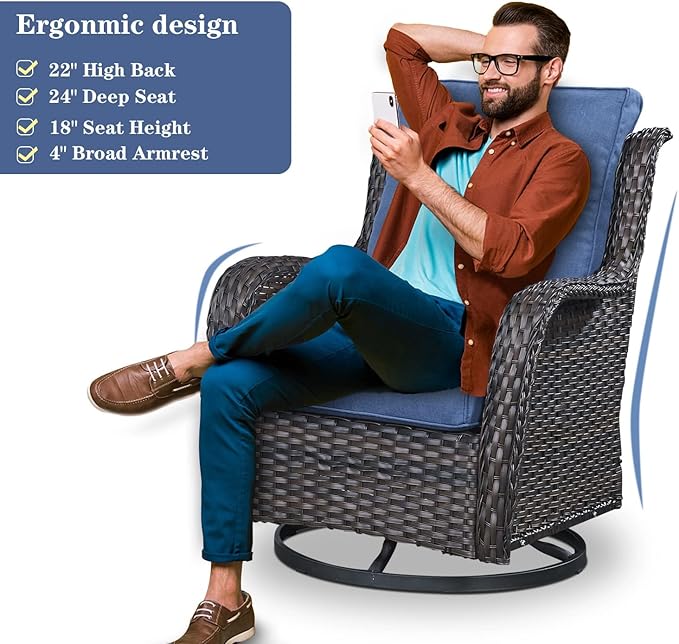 5 Piece Outdoor Patio Furniture Set - Outdoor Conversation Couch and Loveseat Glider Chair Furniture Set with Rattan Coffee Table for Deck Balcony Poolside Brown Wicker/Blue Cushions