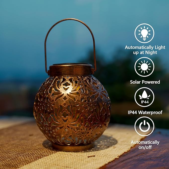 2 Pack Outdoor Solar Hanging Lantern Light LED Decorative Christmas Light for Garden Patio Courtyard Lawn and Tabletop with Hollowed-Out Design. Unique Gardening Gifts for Women.