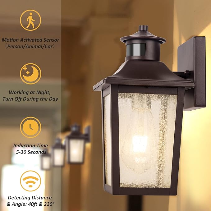 Oil Rubbed Bronze Motion Sensor Outdoor Lights - Dusk to Dawn Outdoor Lighting, Brown Exterior Garage Light Fixture, Waterproof Porch Light Coach Outside Wall Mount for House, Front Door, Anti-Rust