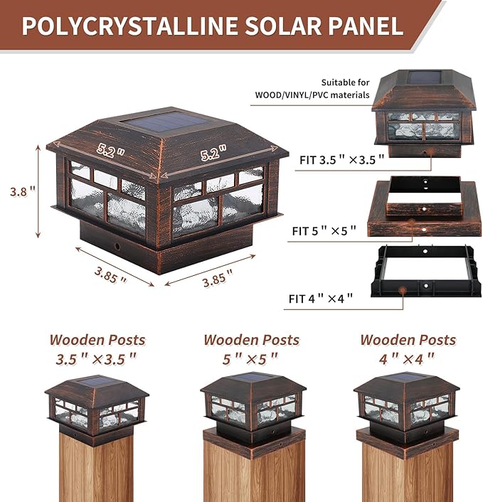 Solar Post Lights Outdoor, 20LM Fence Post Cap Lights, Waterproof, 2 Light Modes, Fit 3.5x3.5in 4x4in 5x5in Wooden Post, Solar Power Deck Lights for Garden Deck Patio Decoration(Bronze 2Pack)