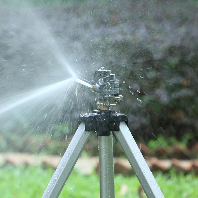 STYDDI Heavy Duty Impact Sprinkler on Tripod Base, Extra Tall Metal Pulsating Telescoping Tripod Sprinkler for Large Area, Yard, Lawn, Garden, Waters up to 90 Ft. Diameter, Legs Extends Up to 50-inch