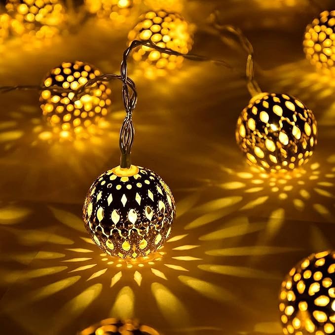 Solar Moroccan String Lights Outdoor 60 LED 36 Ft Globe Fairy Lights with 8 Lighting Modes, Waterproof Solar Powered String Lights for Garden Yard Gazebos Camping Party Holiday (Warm White)