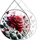 RIVEENY Red Rose Stained Glass Window Hanging,8" Valentines Day Rose Gifts for Wife Girlfriend,Birthday Gift for Women, for Mom Grandma Aunt Sister