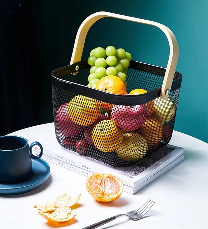 Metal Mesh Steel Basket, Storage Organizer Basket Multi-functional Hanging Kitchen Baskets Fruit Basket Bin with Bamboo Handle for Kitchen Bathroom Picnic Shopping Decor Cabinet Home, Black